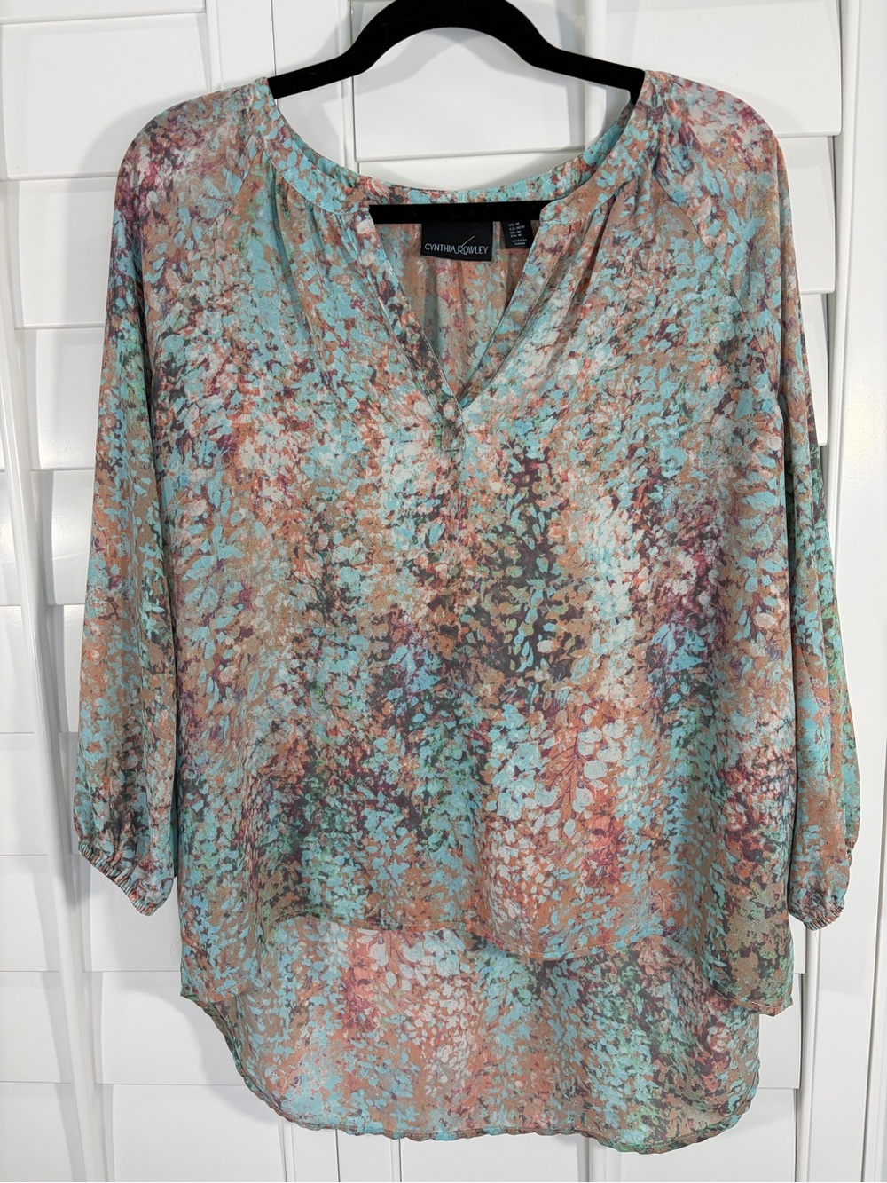 Cynthia Rowley Watercolor V-Neck Printed High-Low Peasant Blouse (M)